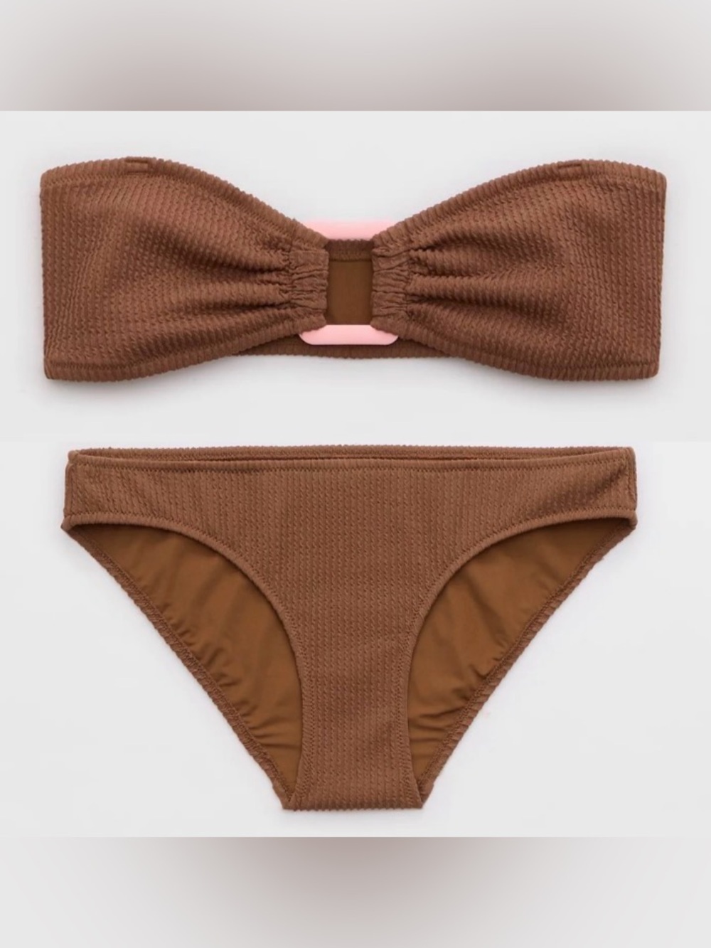 NWT Aerie FULL SET Crinkle Ring Bandeau + Full Coverage Bottom Brown - Size M